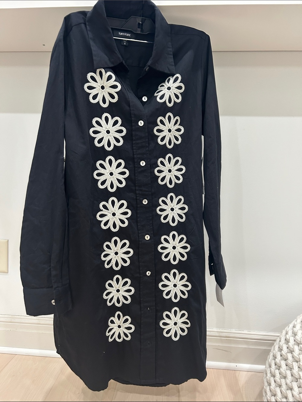 Kenar Black Button-Front Floral Appliqué Long Shirt Jacket